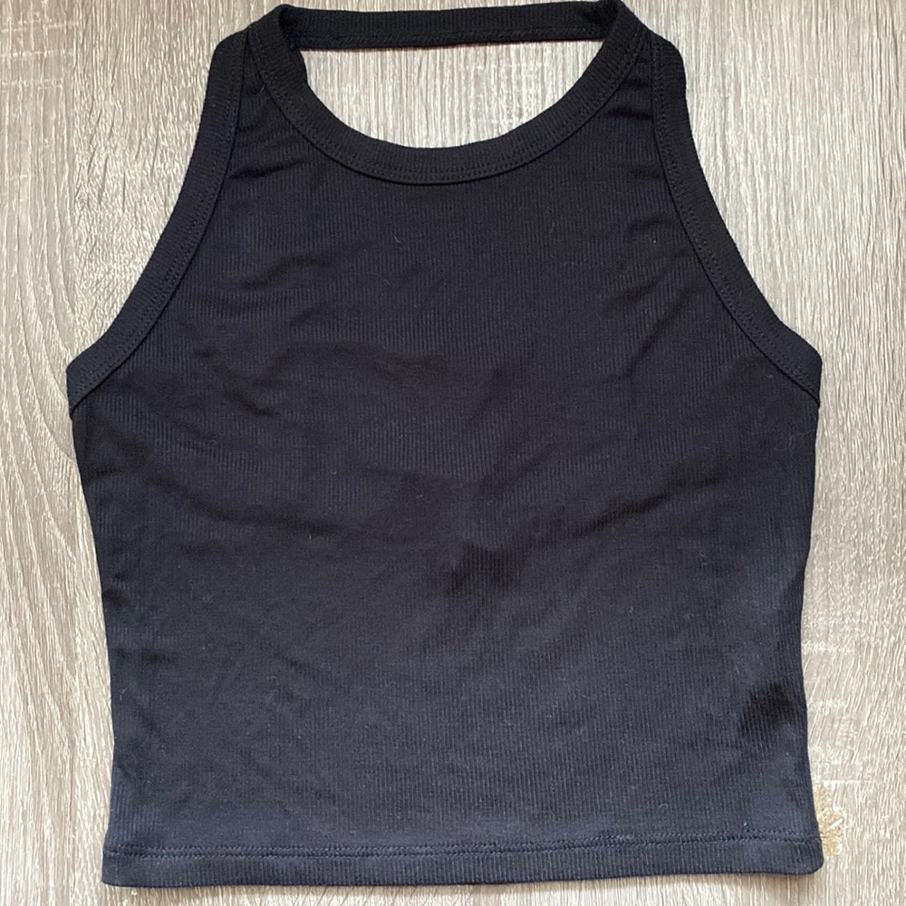 Black Strappy Rayon Ribbed Crop Top Halter Tank